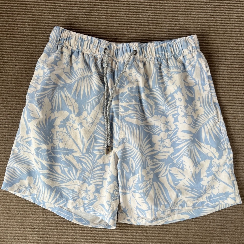 Vintage Summer Mens XL Swim Trunks Blue White Tropical Floral Board Shorts 6in
